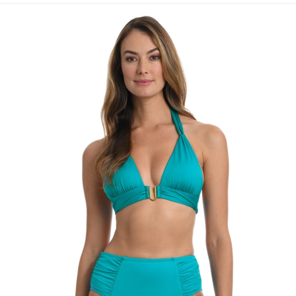 La Blanca island goddess shirred strap turquoise halter bra top